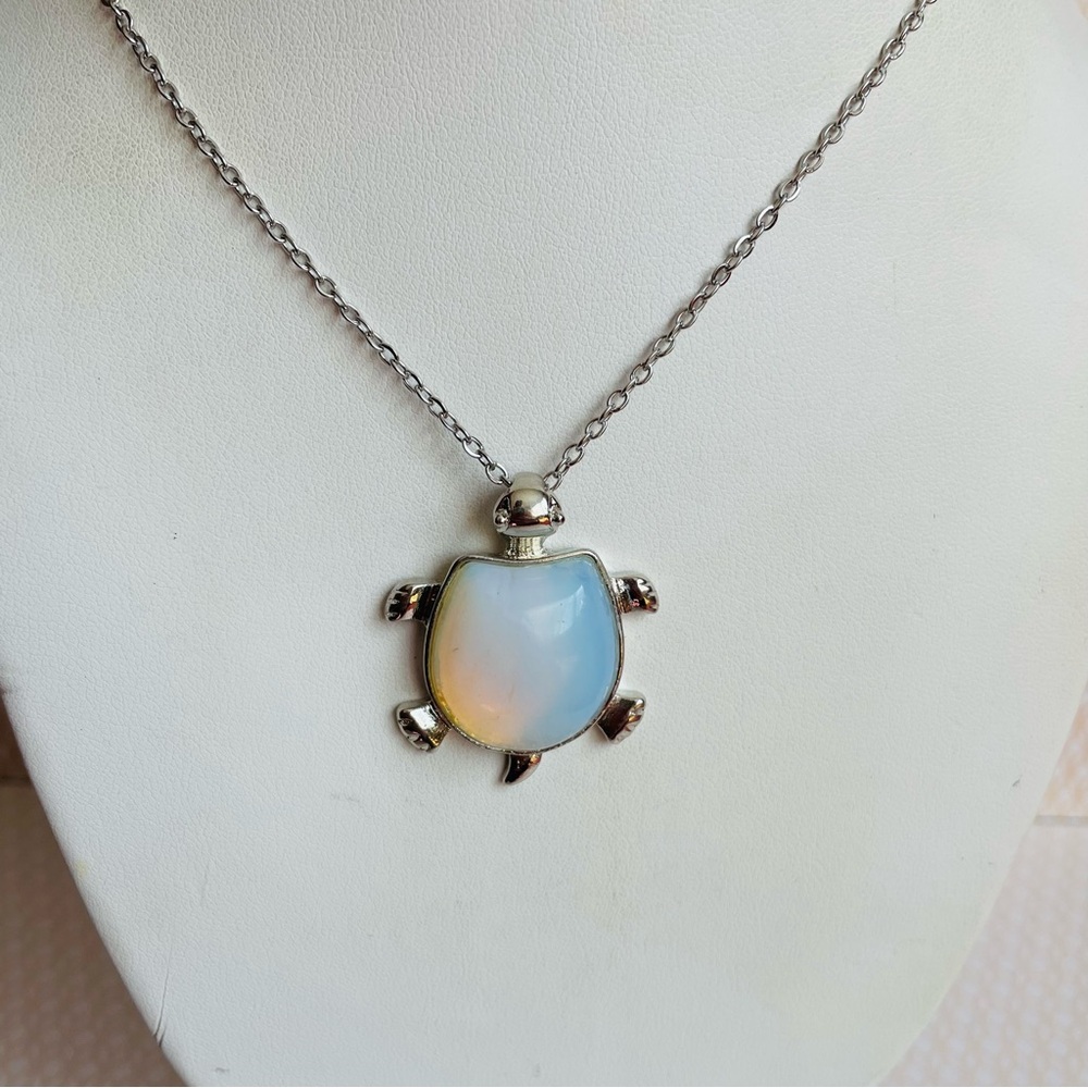 Opalite Turtle Pendant Necklace Silver Tone